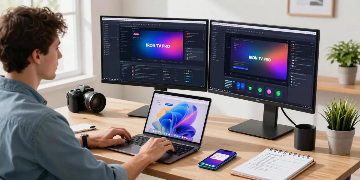 Explore l'application IRON TV PRO sur un bureau moderne avec un développeur travaillant.